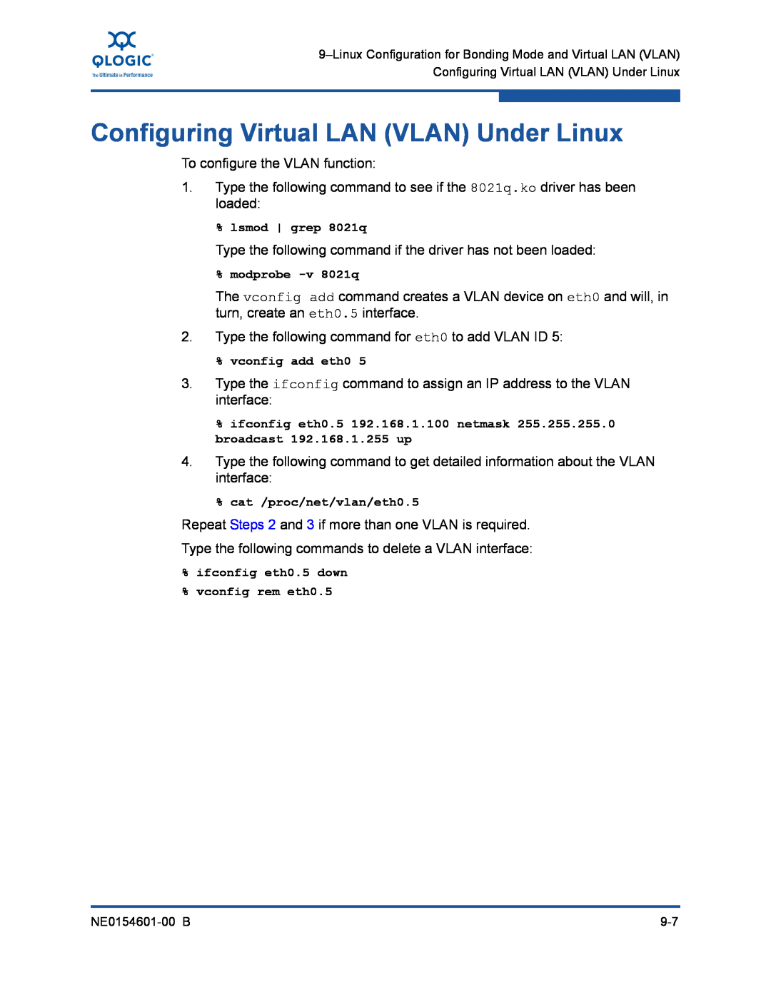 Q-Logic 3000, 3100 manual Configuring Virtual LAN VLAN Under Linux 