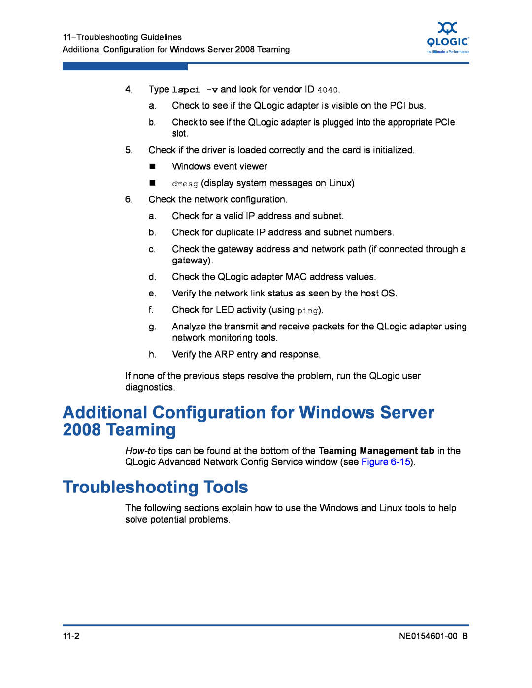 Q-Logic 3100, 3000 manual Additional Configuration for Windows Server 2008 Teaming, Troubleshooting Tools 