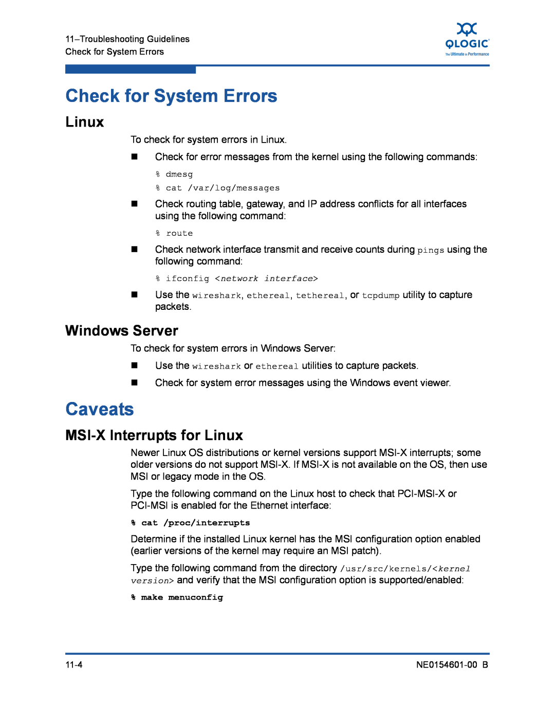 Q-Logic 3100, 3000 manual Check for System Errors, Caveats, MSI-X Interrupts for Linux, Windows Server 