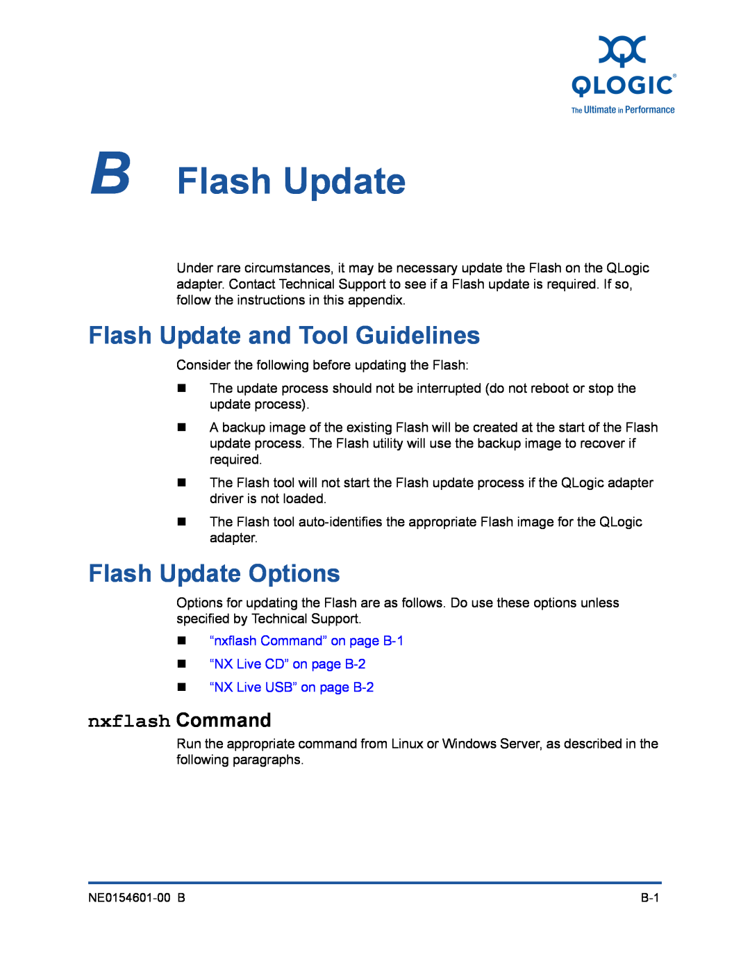 Q-Logic 3000, 3100 manual B Flash Update, Flash Update and Tool Guidelines, Flash Update Options, nxflash Command 