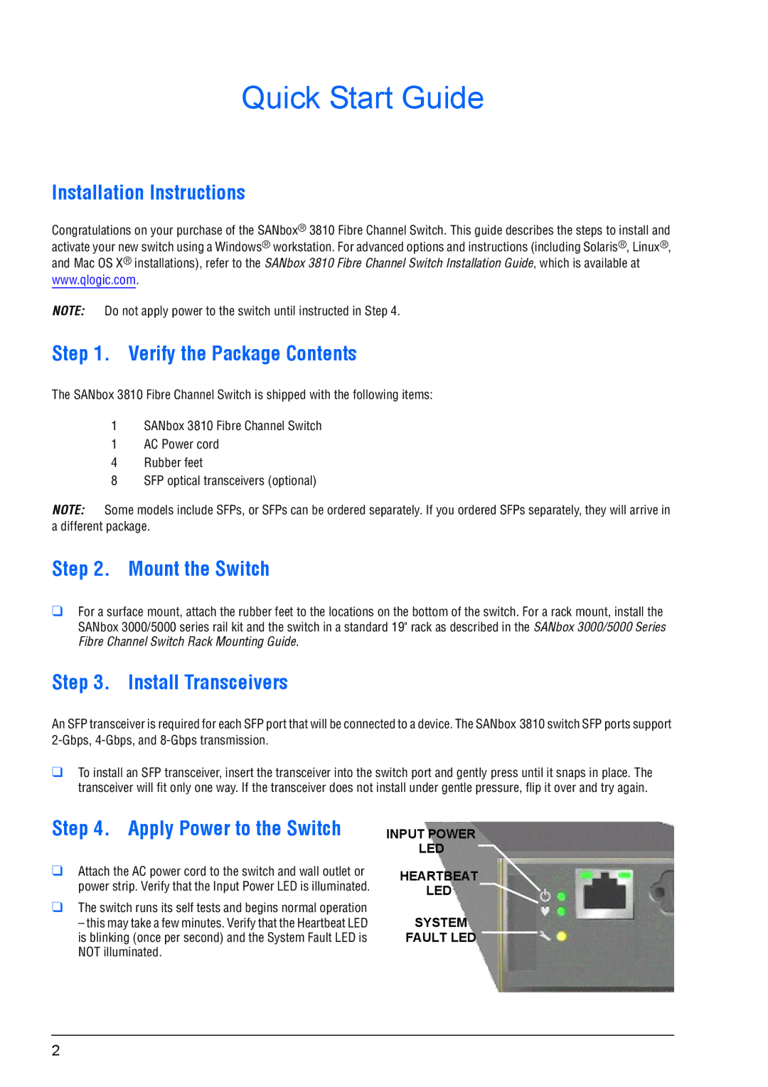 Q-Logic 3810 quick start Installation Instructions, Verify the Package Contents, Mount the Switch, Install Transceivers 