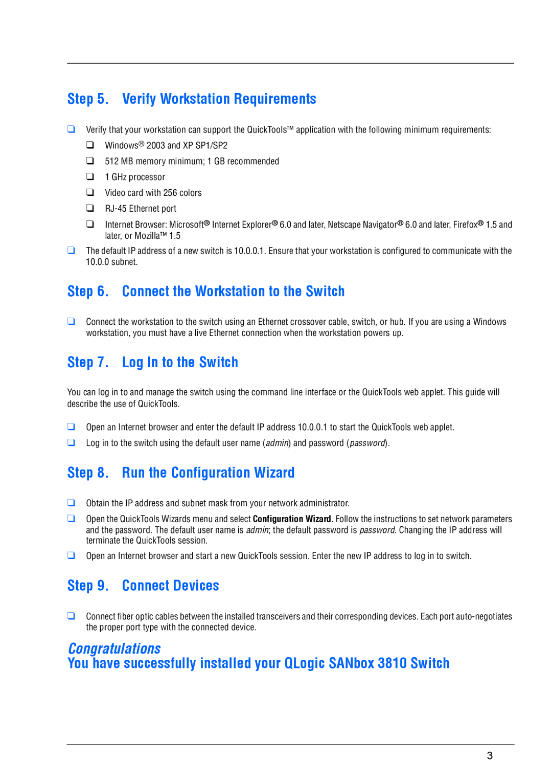 Q-Logic 3810 Verify Workstation Requirements, Connect the Workstation to the Switch, Log In to the Switch, Connect Devices 