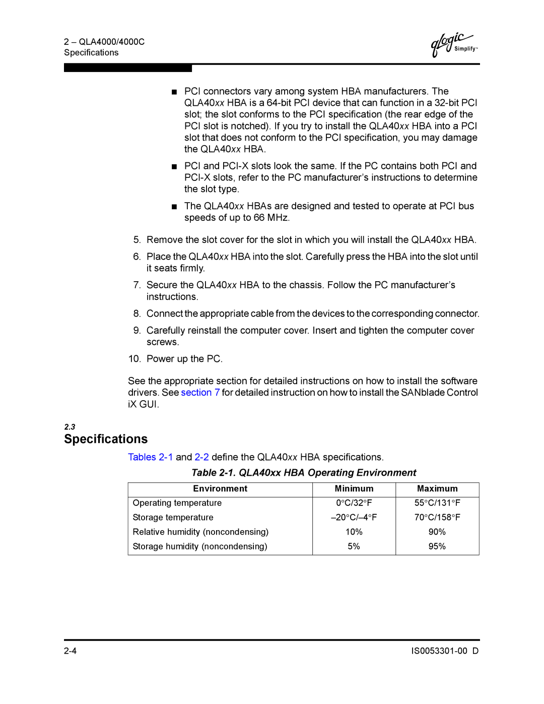 Q-Logic 4000 SERIES manual Specifications, QLA40xx HBA Operating Environment 