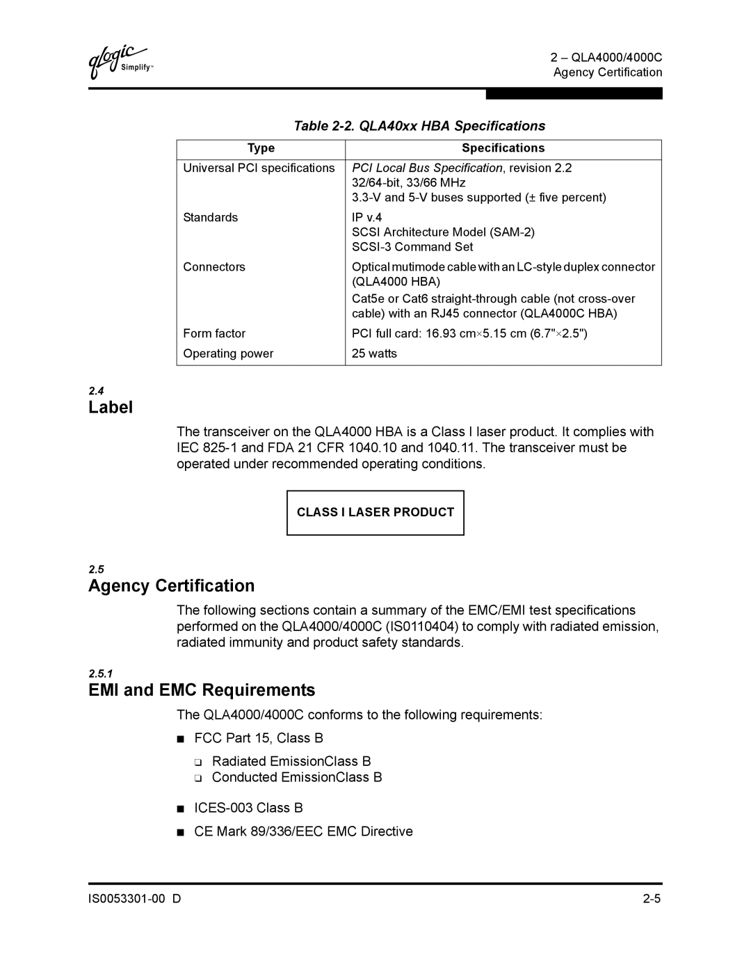 Q-Logic 4000 SERIES manual Label, Agency Certification, EMI and EMC Requirements 