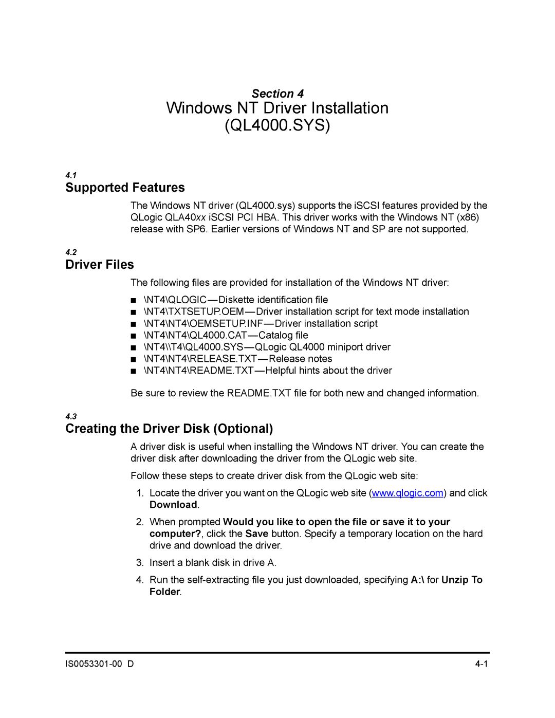 Q-Logic 4000 SERIES manual Windows NT Driver Installation QL4000.SYS, Supported Features 