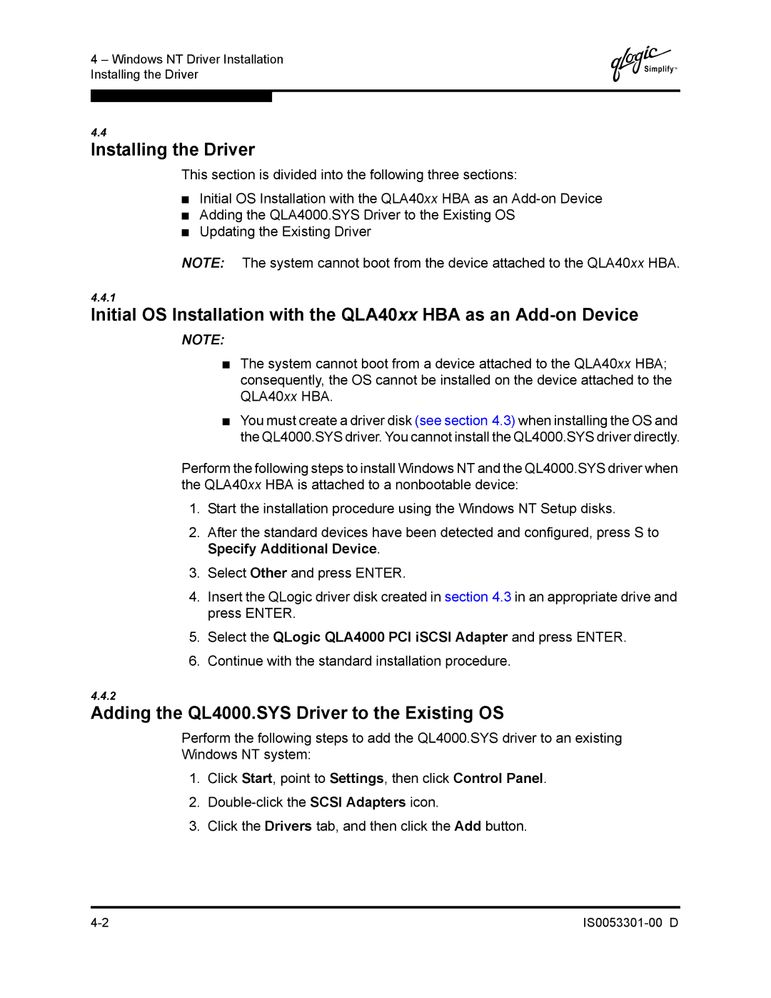 Q-Logic 4000 SERIES manual Adding the QL4000.SYS Driver to the Existing OS 