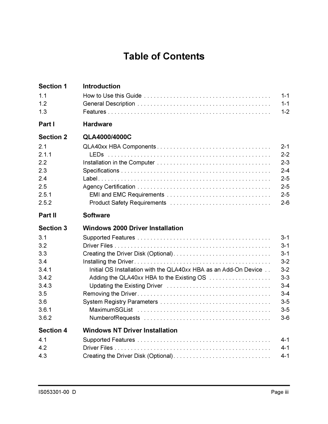 Q-Logic 4000 SERIES manual Table of Contents 