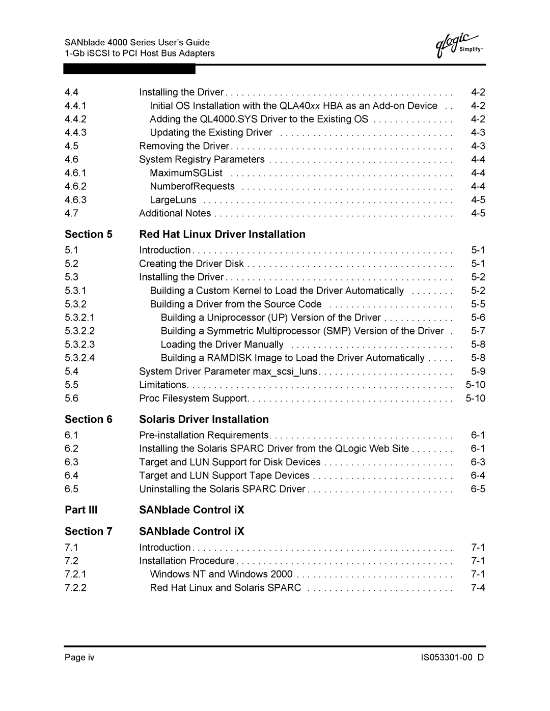 Q-Logic 4000 SERIES manual Section Red Hat Linux Driver Installation 