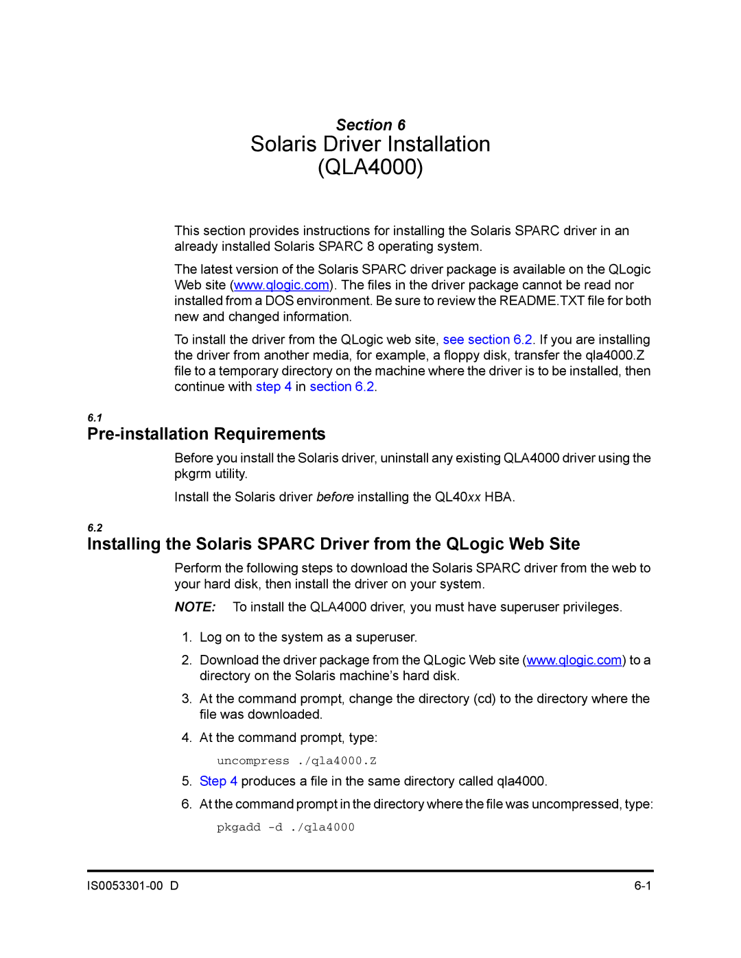 Q-Logic 4000 SERIES manual Solaris Driver Installation QLA4000, Pre-installation Requirements 