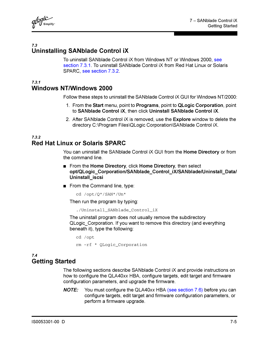 Q-Logic 4000 SERIES Uninstalling SANblade Control, Windows NT/Windows, Red Hat Linux or Solaris Sparc, Getting Started 