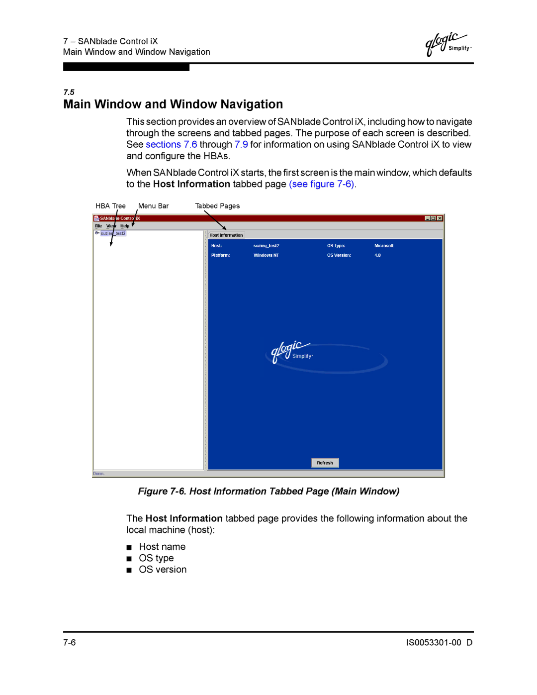 Q-Logic 4000 SERIES manual Main Window and Window Navigation, Host Information Tabbed Page Main Window 