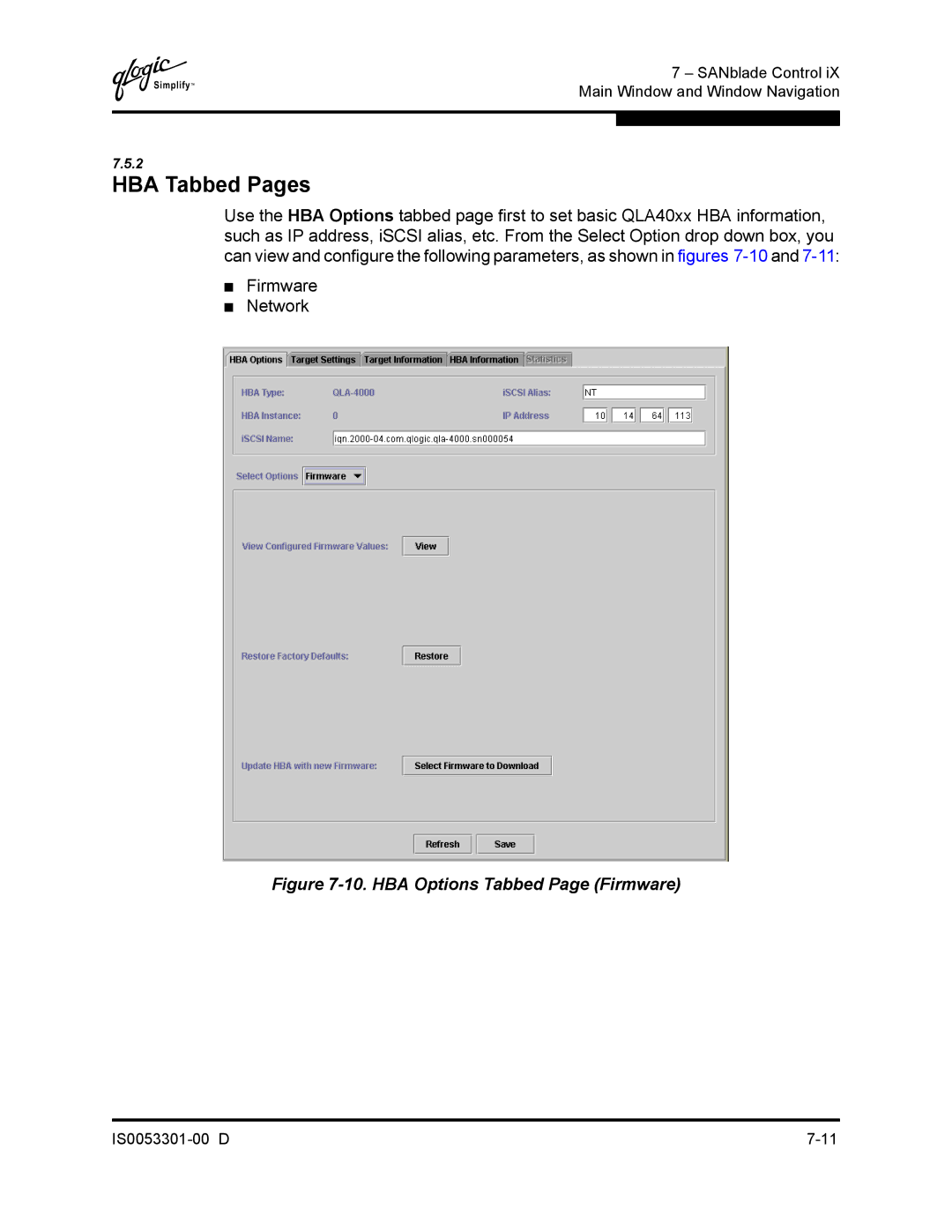 Q-Logic 4000 SERIES manual HBA Tabbed Pages, Firmware Network 