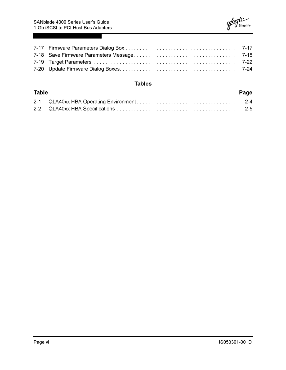 Q-Logic 4000 SERIES manual Tables 