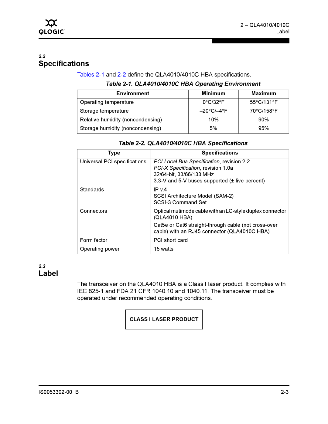 Q-Logic 4010C manual Specifications, Label 