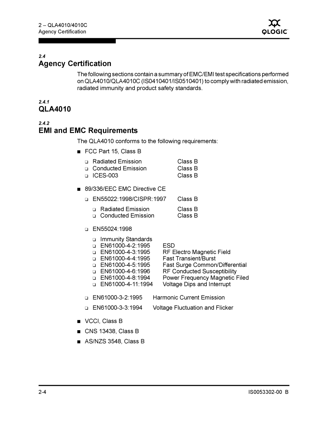 Q-Logic 4010C manual Agency Certification, QLA4010 EMI and EMC Requirements 