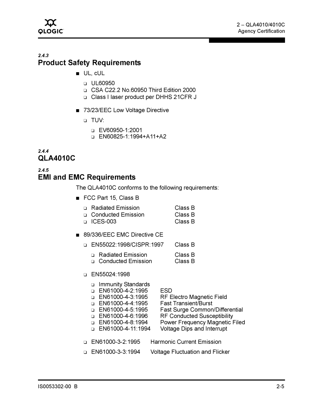 Q-Logic manual Product Safety Requirements, QLA4010C EMI and EMC Requirements 