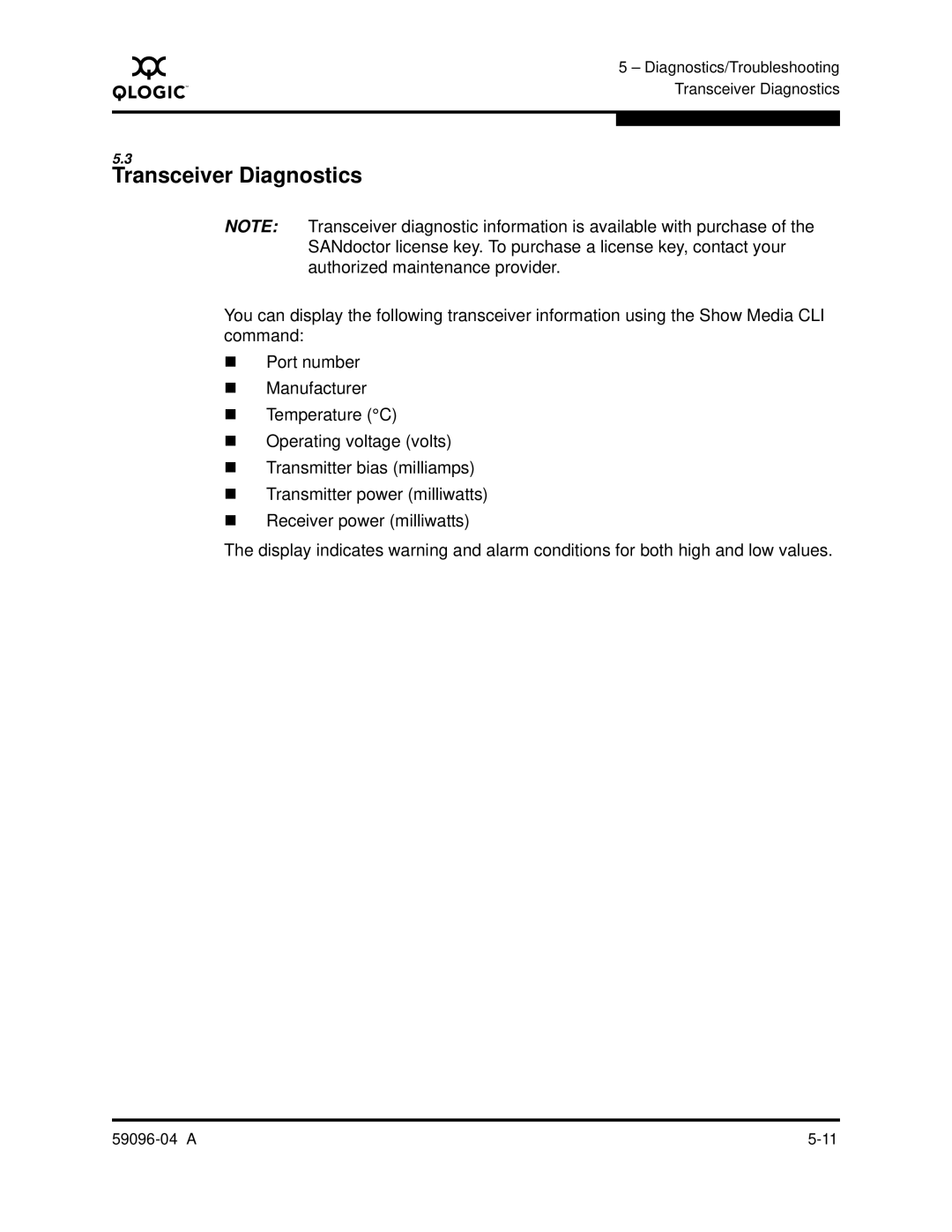 Q-Logic 5000 manual Transceiver Diagnostics 