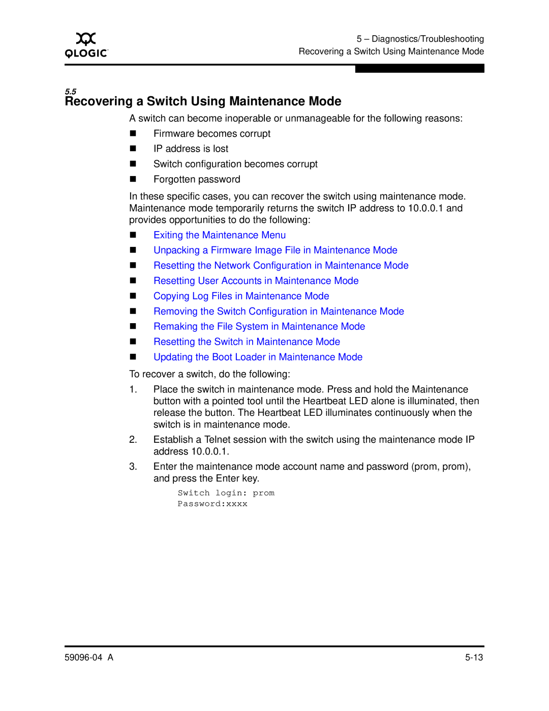 Q-Logic 5000 manual Recovering a Switch Using Maintenance Mode 