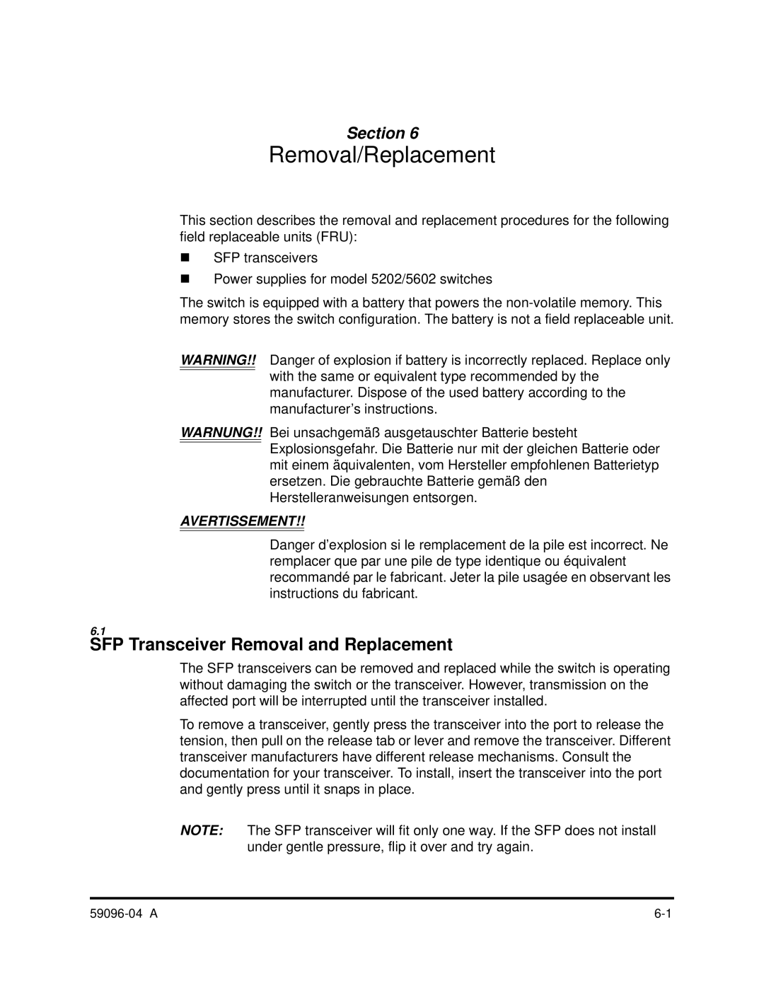 Q-Logic 5000 manual Removal/Replacement, SFP Transceiver Removal and Replacement 