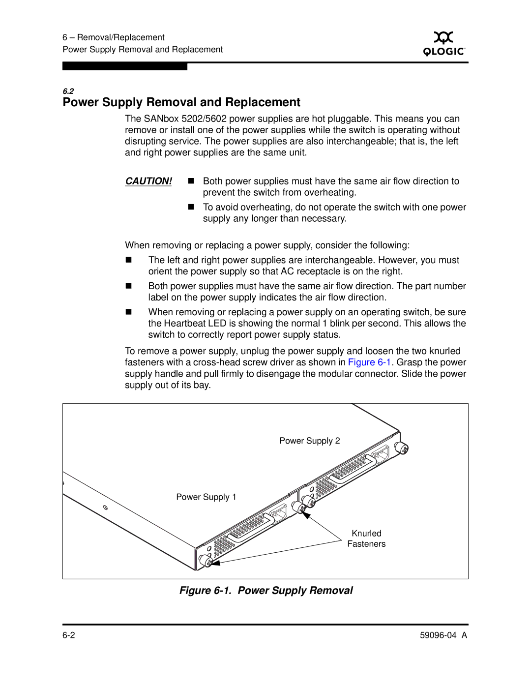 Q-Logic 5000 manual Power Supply Removal and Replacement 