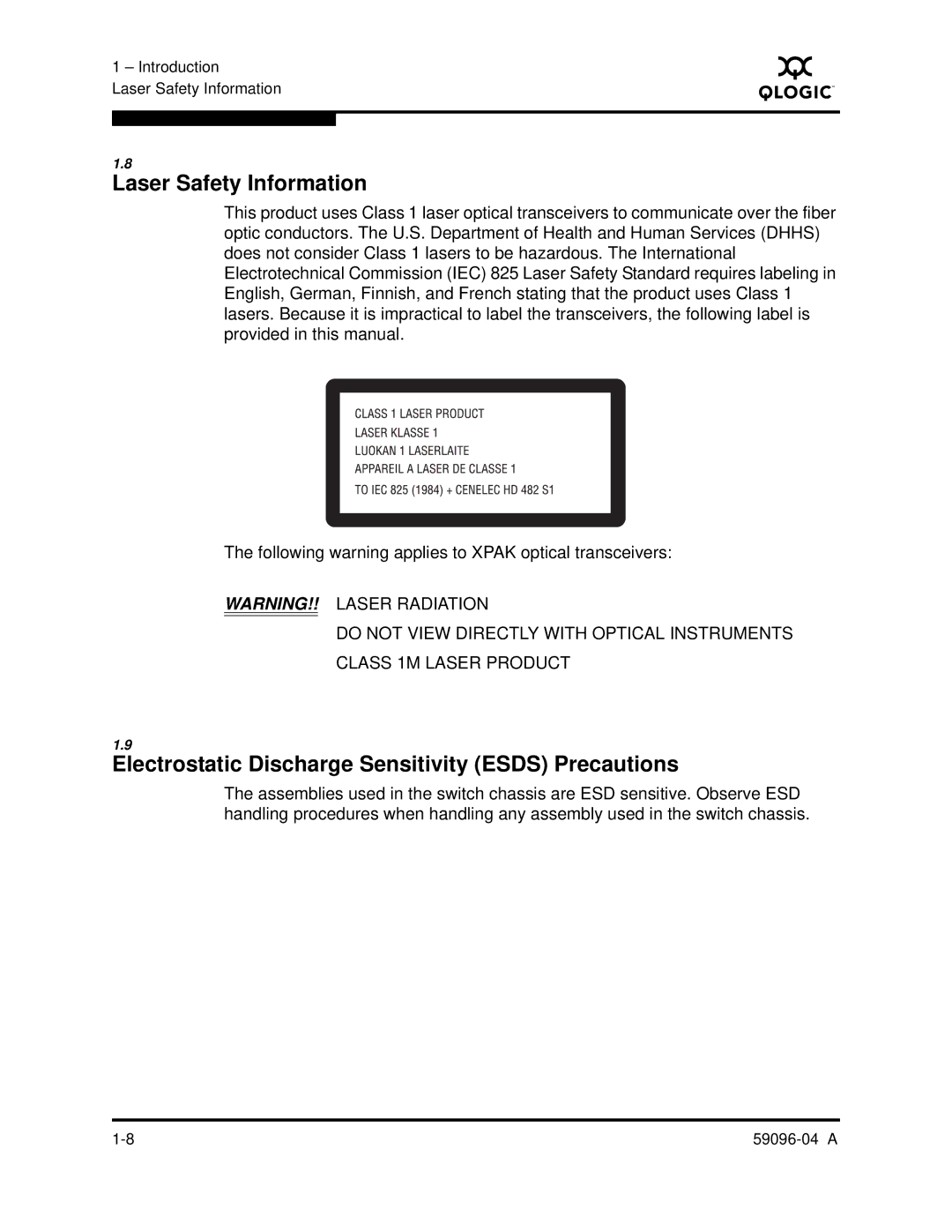 Q-Logic 5000 manual Laser Safety Information, Electrostatic Discharge Sensitivity Esds Precautions 