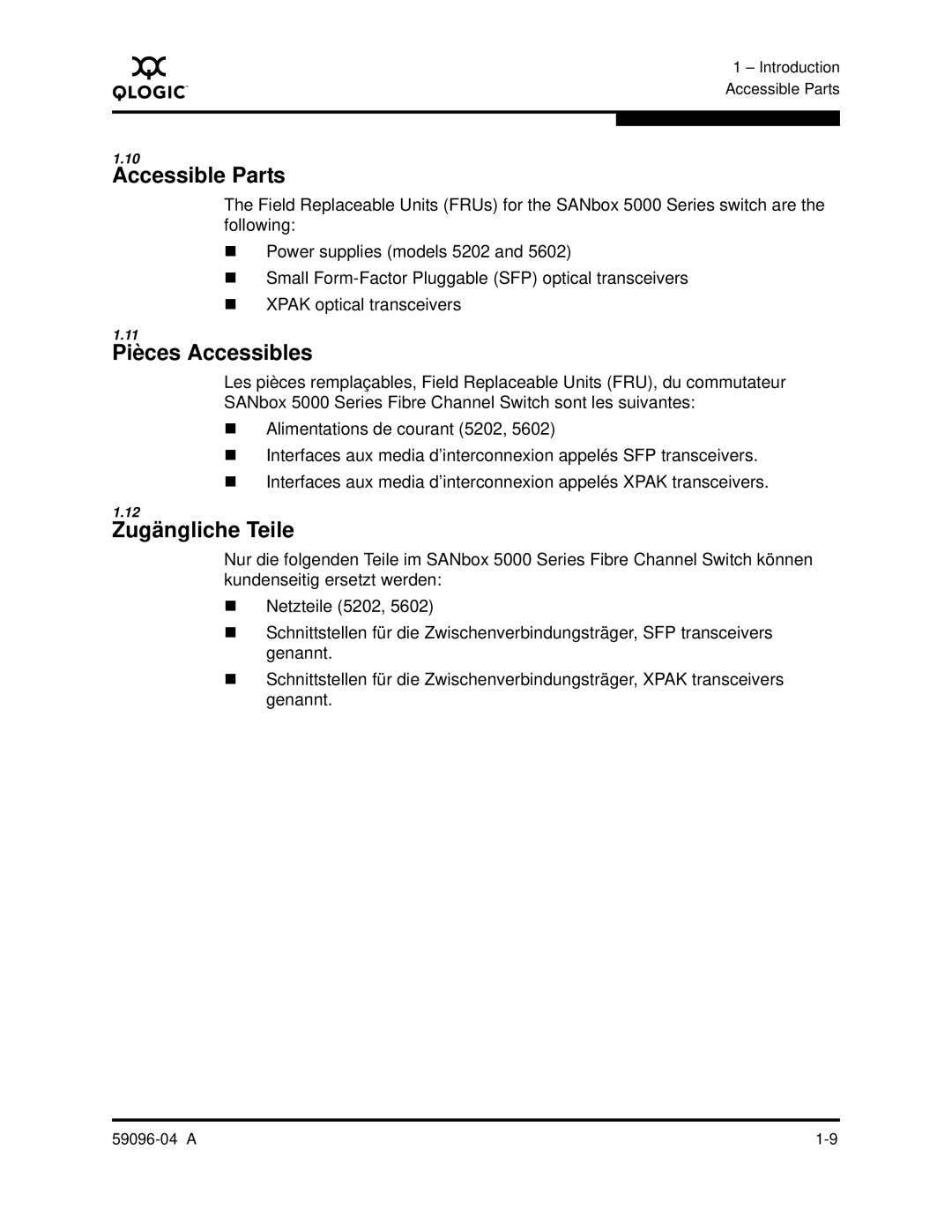 Q-Logic 5000 manual Accessible Parts, Pièces Accessibles, Zugängliche Teile 