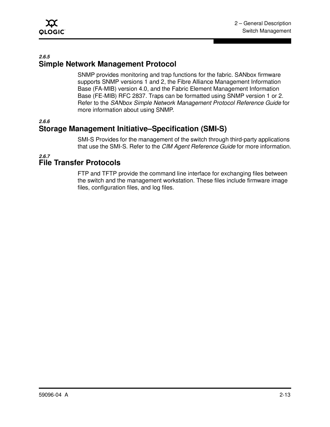 Q-Logic 5000 manual Simple Network Management Protocol, Storage Management Initiative-Specification SMI-S 