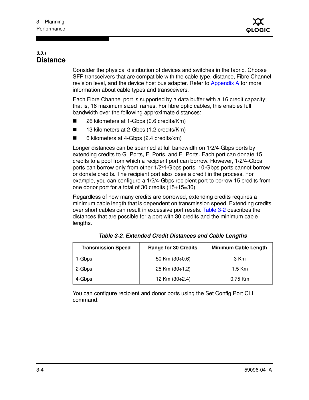 Q-Logic 5000 manual Extended Credit Distances and Cable Lengths 