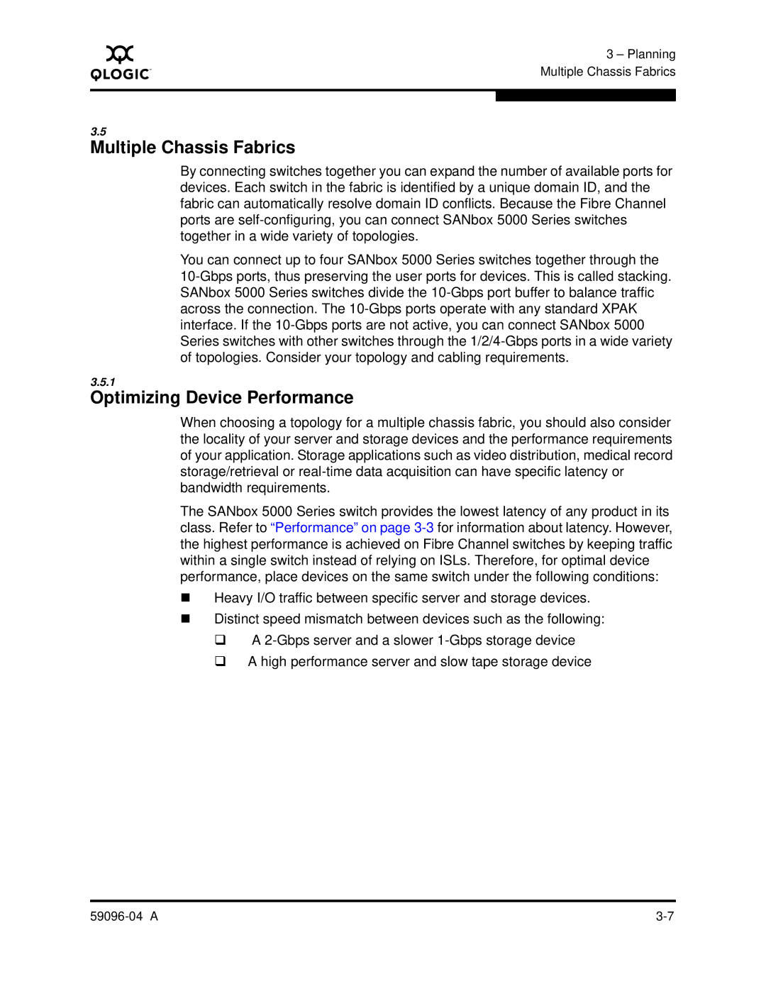 Q-Logic 5000 manual Multiple Chassis Fabrics, Optimizing Device Performance 