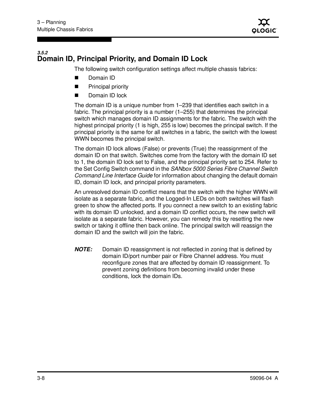 Q-Logic 5000 manual Domain ID, Principal Priority, and Domain ID Lock 