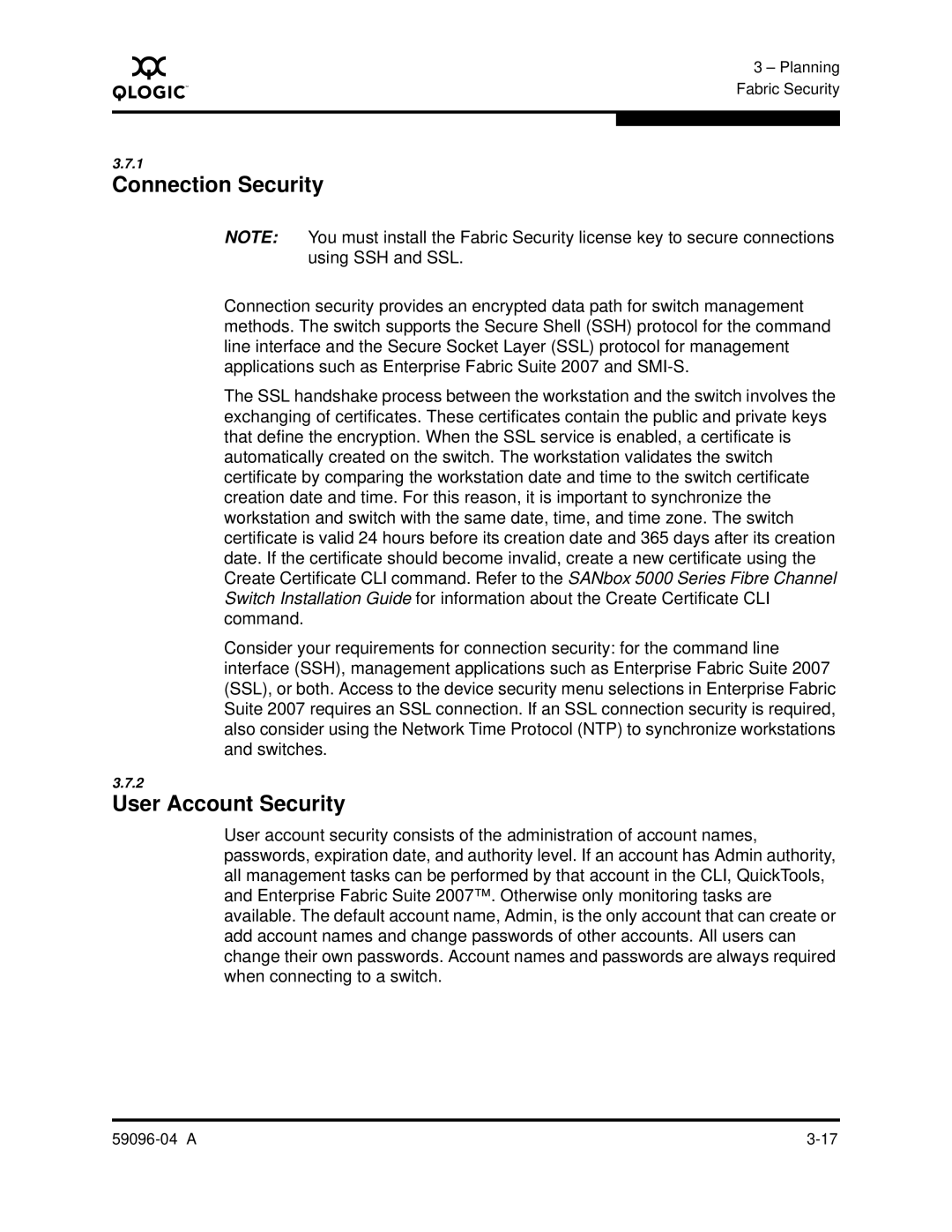 Q-Logic 5000 manual Connection Security, User Account Security 