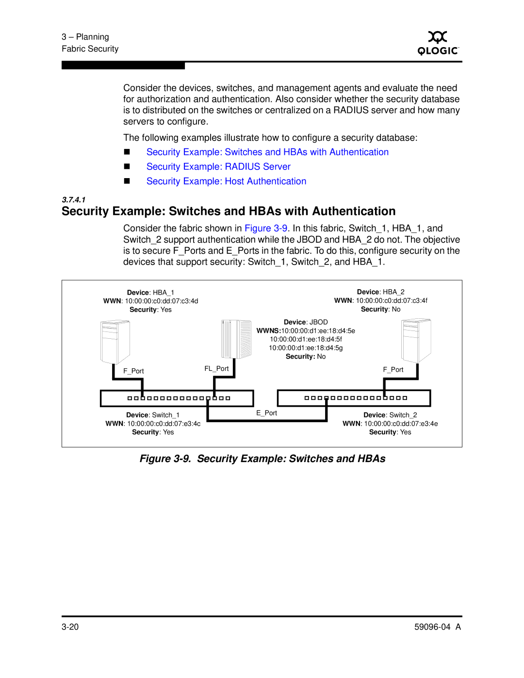 Q-Logic 5000 manual Security Example Switches and HBAs with Authentication 