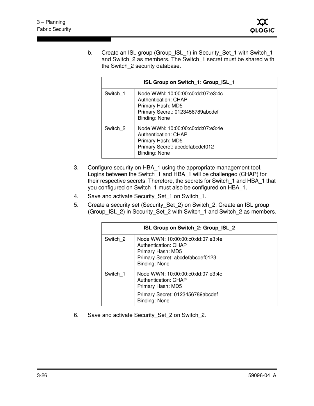 Q-Logic 5000 manual Save and activate SecuritySet2 on Switch2 