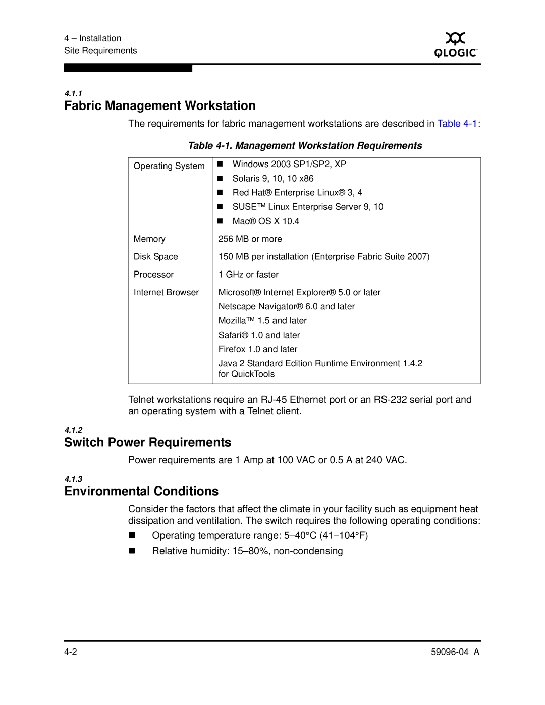 Q-Logic 5000 manual Fabric Management Workstation, Switch Power Requirements, Environmental Conditions 