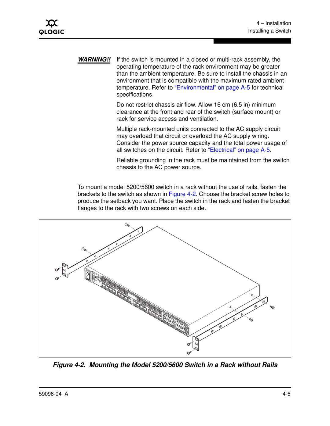 Q-Logic 5000 manual Mounting the Model 5200/5600 Switch in a Rack without Rails 