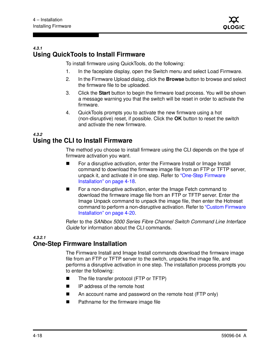 Q-Logic 5000 manual Using QuickTools to Install Firmware, Using the CLI to Install Firmware, One-Step Firmware Installation 