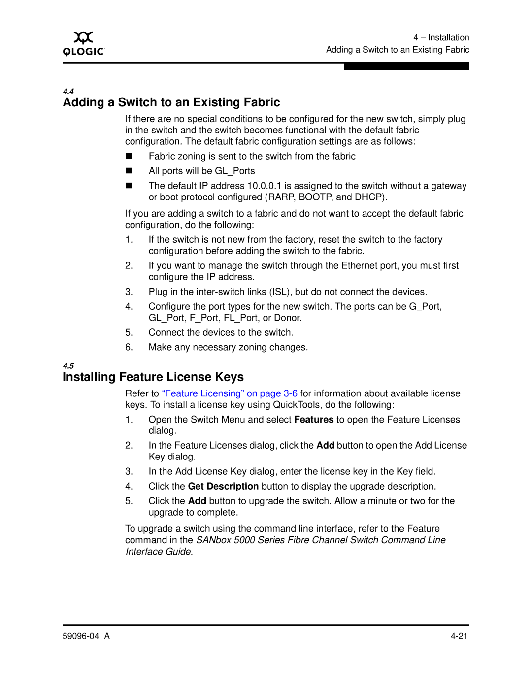 Q-Logic 5000 manual Adding a Switch to an Existing Fabric, Installing Feature License Keys 