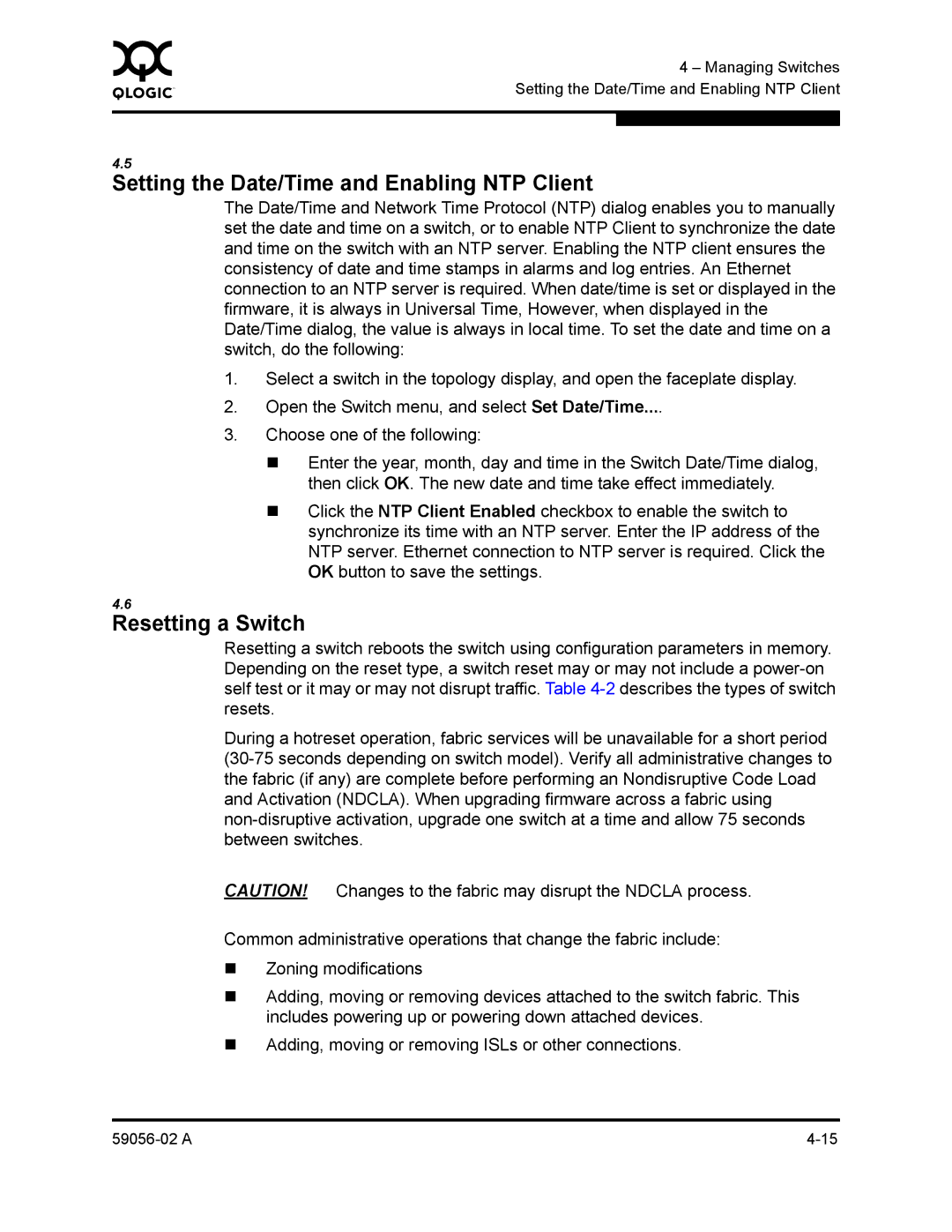 Q-Logic 5202, 5200 manual Setting the Date/Time and Enabling NTP Client, Resetting a Switch 