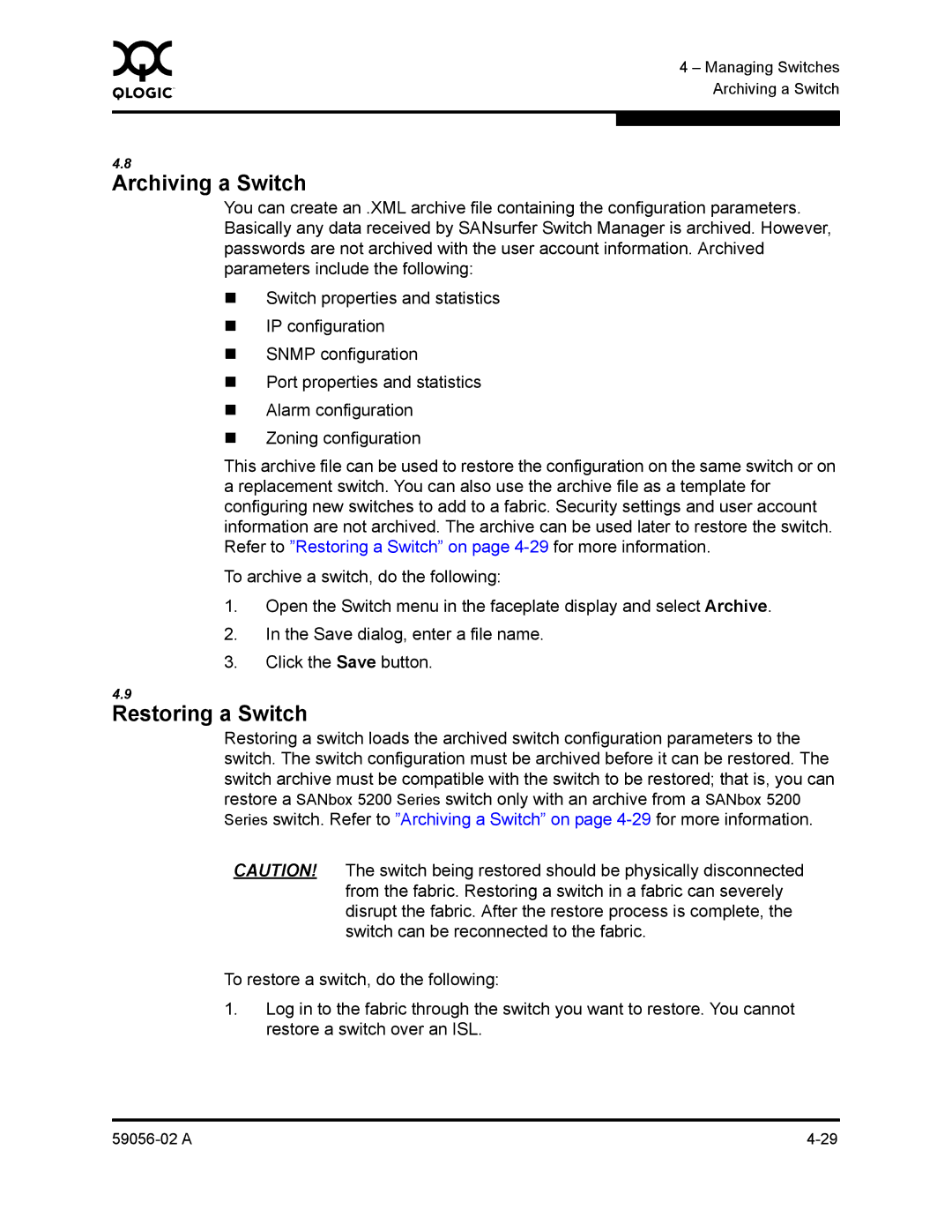 Q-Logic 5202, 5200 manual Archiving a Switch, Restoring a Switch 