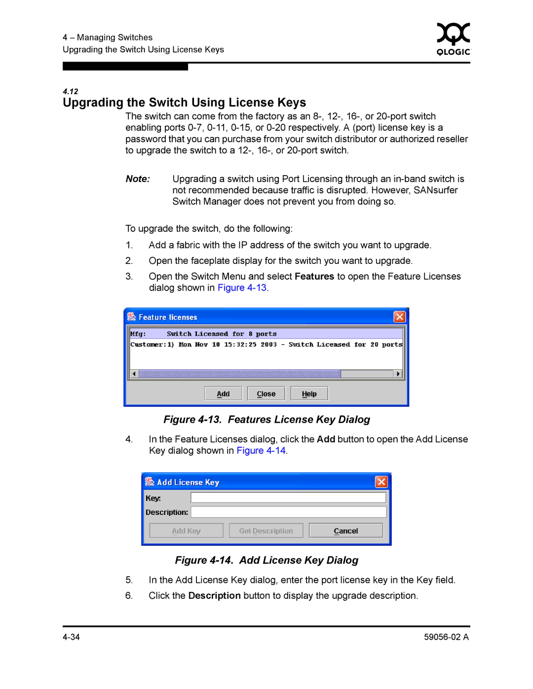 Q-Logic 5200, 5202 manual Upgrading the Switch Using License Keys, Features License Key Dialog 