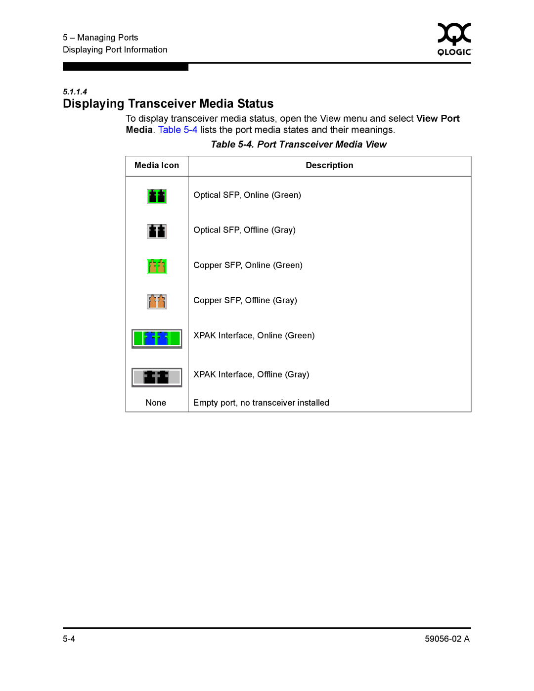 Q-Logic 5200, 5202 manual Displaying Transceiver Media Status, Port Transceiver Media View 