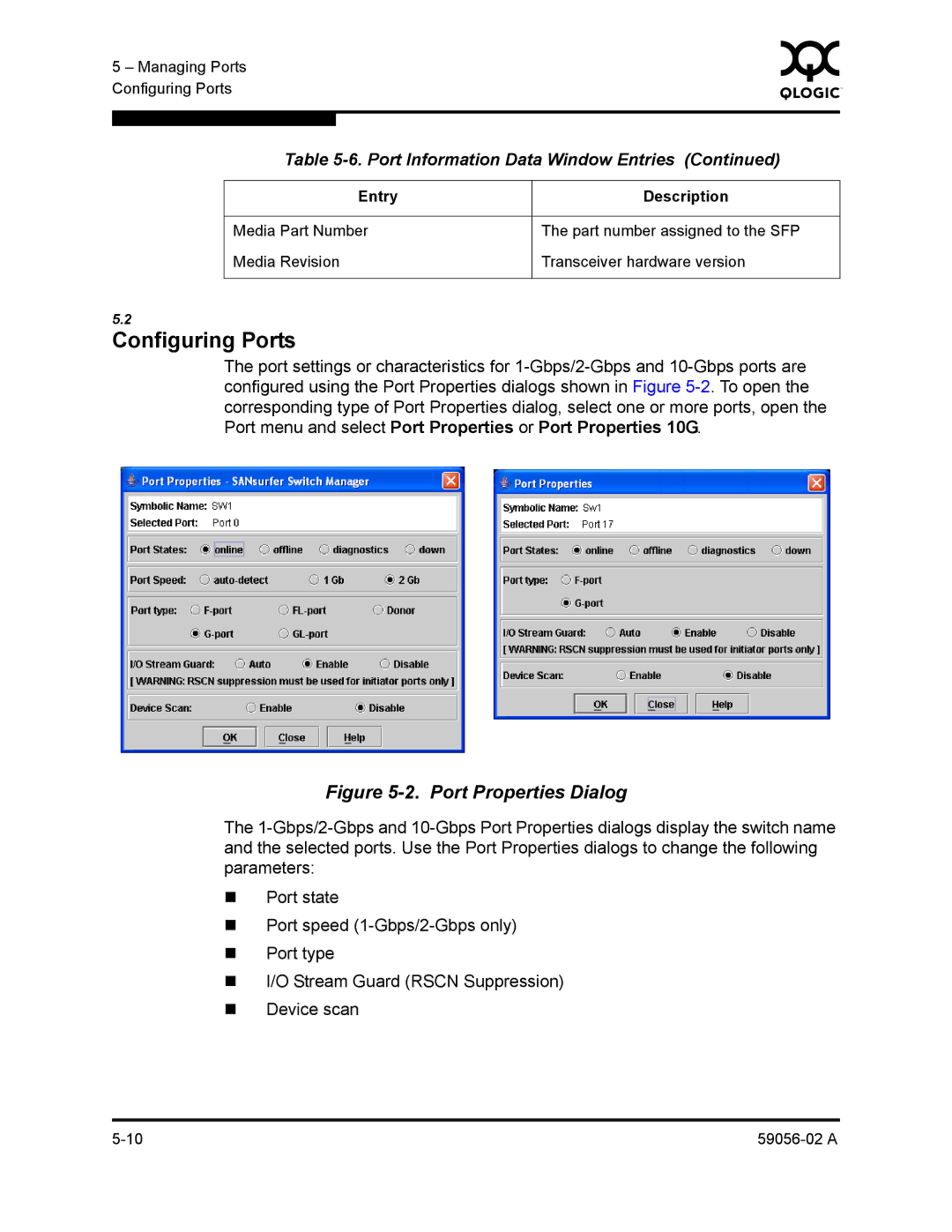 Q-Logic 5200, 5202 manual Configuring Ports, Port Properties Dialog 