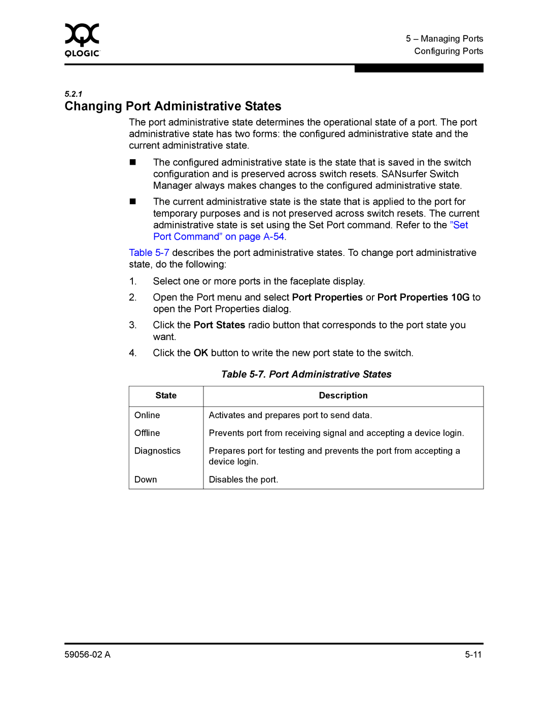 Q-Logic 5202, 5200 manual Changing Port Administrative States 