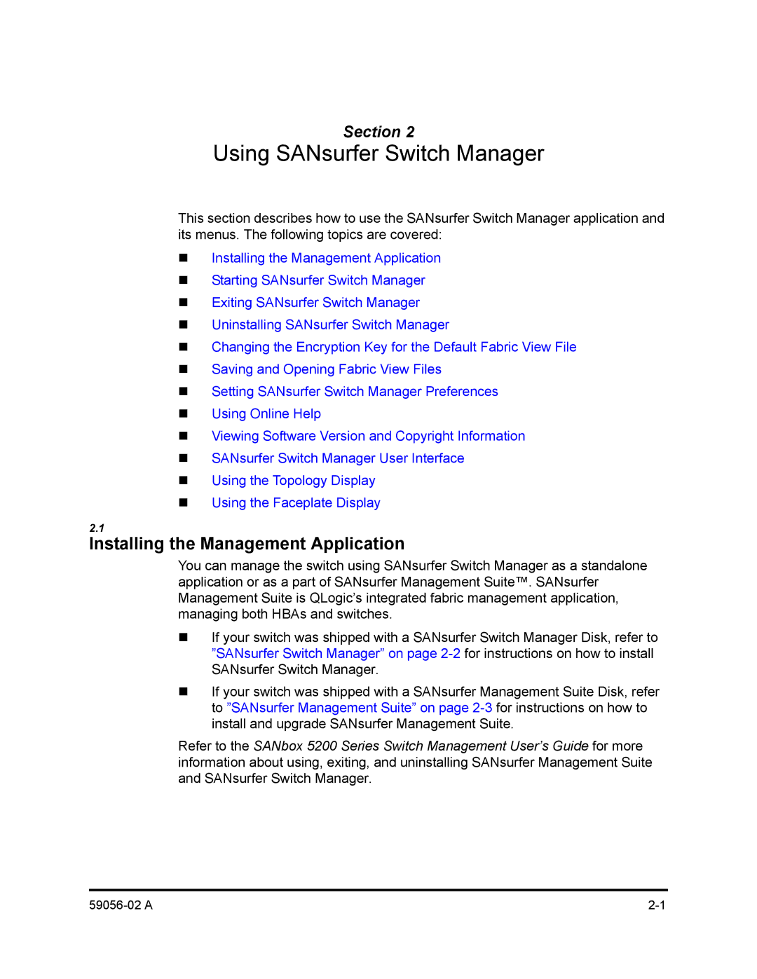 Q-Logic 5202, 5200 manual Using SANsurfer Switch Manager, Installing the Management Application 