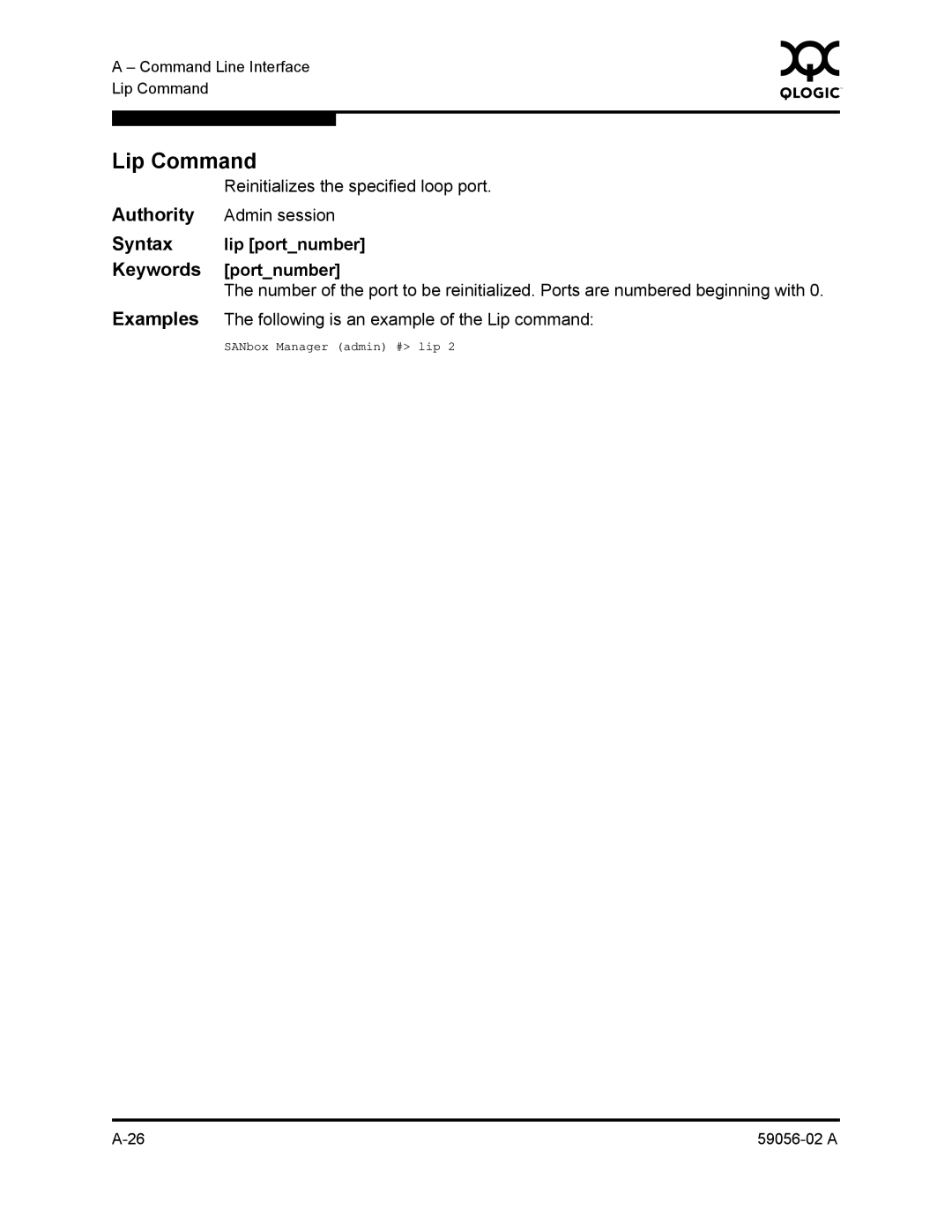 Q-Logic 5200, 5202 manual Lip Command, Reinitializes the specified loop port, Lip portnumber, Portnumber 