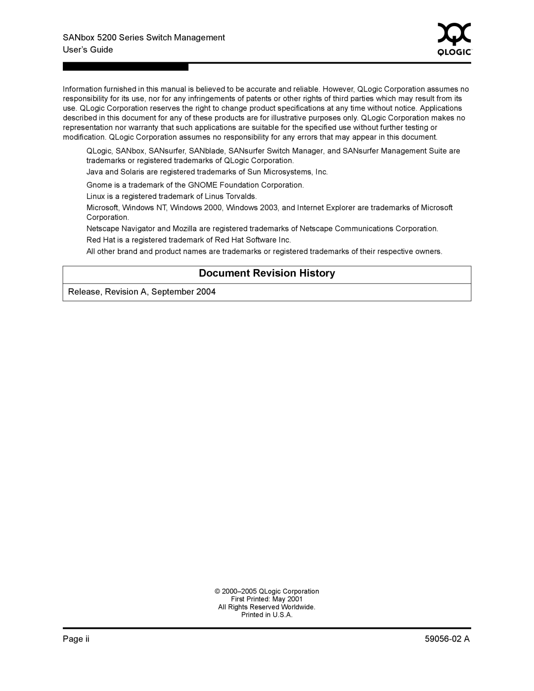 Q-Logic 5202 manual Document Revision History, SANbox 5200 Series Switch Management User’s Guide 