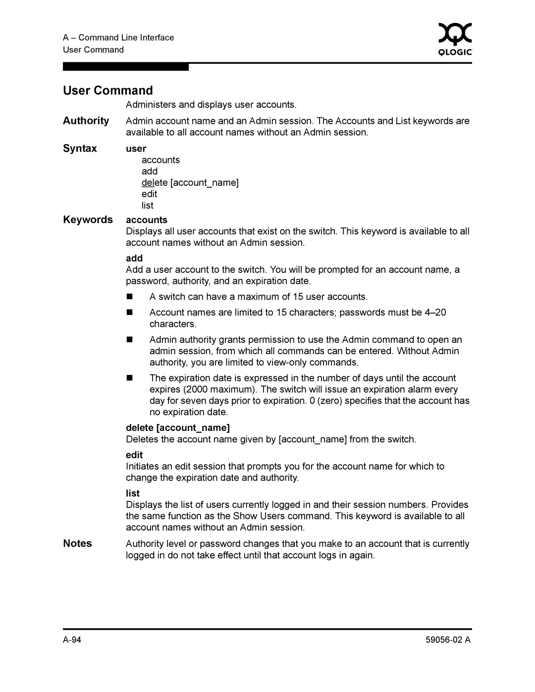 Q-Logic 5200, 5202 manual User Command 