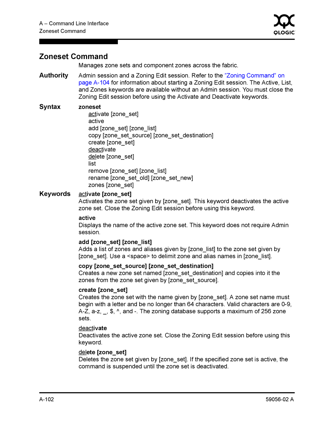 Q-Logic 5200, 5202 manual Zoneset Command, Syntax zoneset 