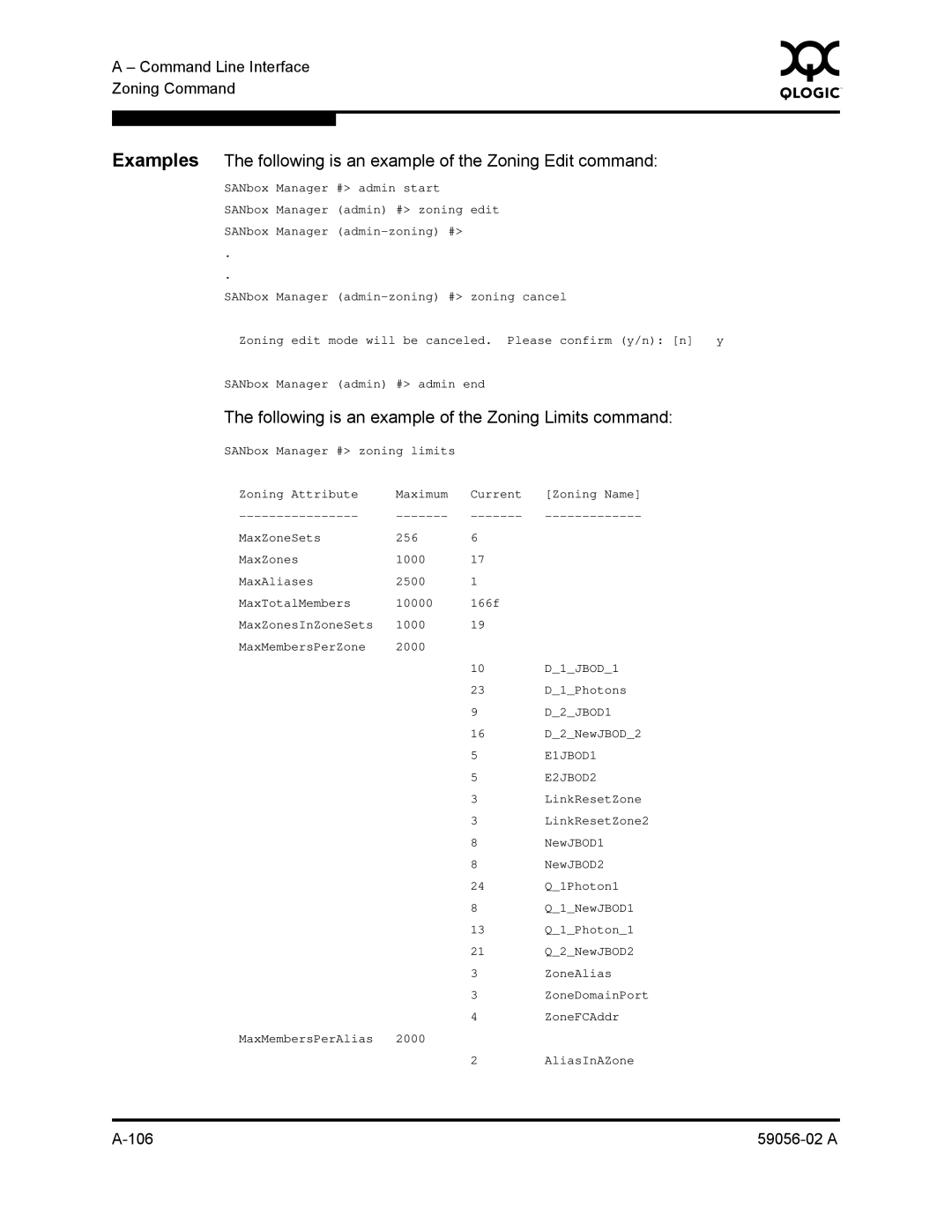 Q-Logic 5200, 5202 manual Following is an example of the Zoning Limits command, E1JBOD1 E2JBOD2 