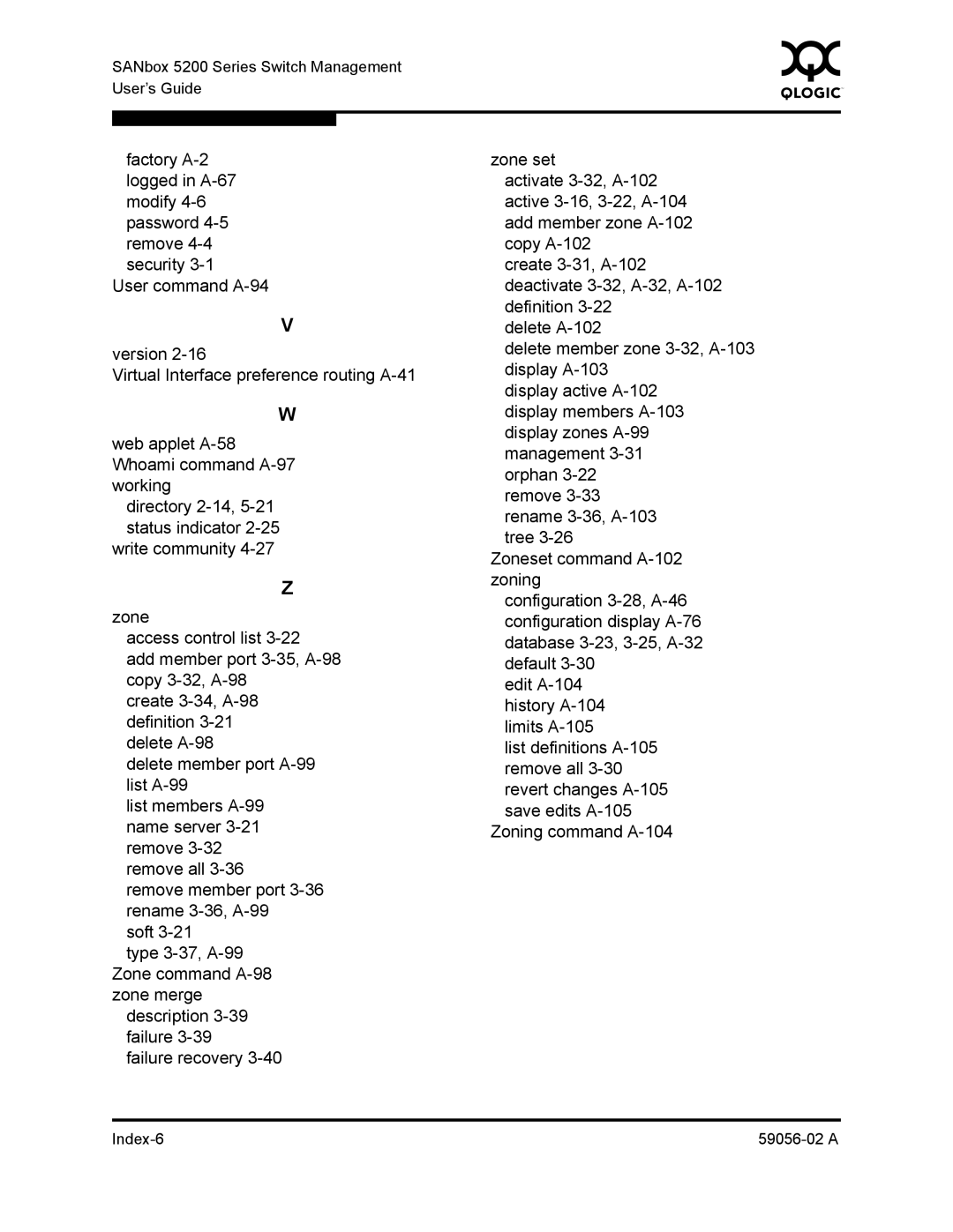 Q-Logic 5200, 5202 manual Index-6 59056-02 a 